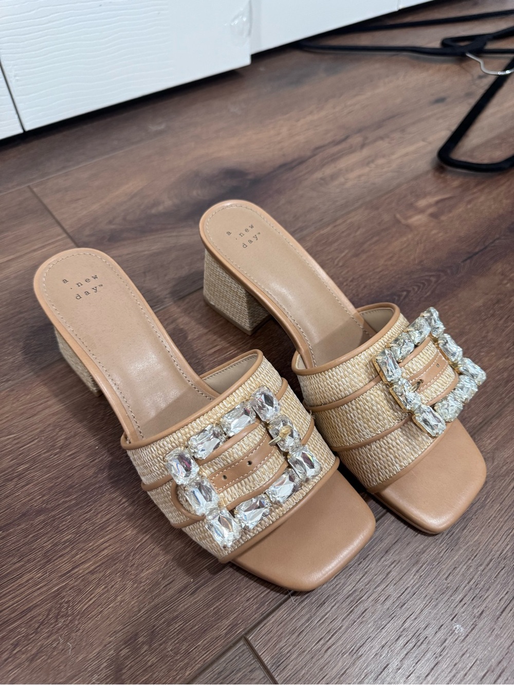 a new day Tan Jewel-Embellished Raffia Block Heel Mules